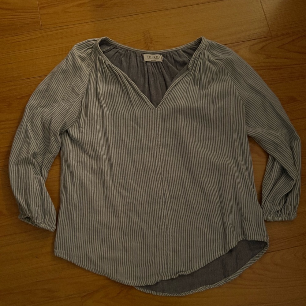 Velvet LS blue and white striped pheasant top